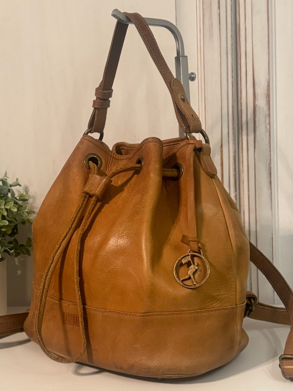 Vintage BASEBALLISM Glove Leather Drawstring Bucket Bag Purse British Tan